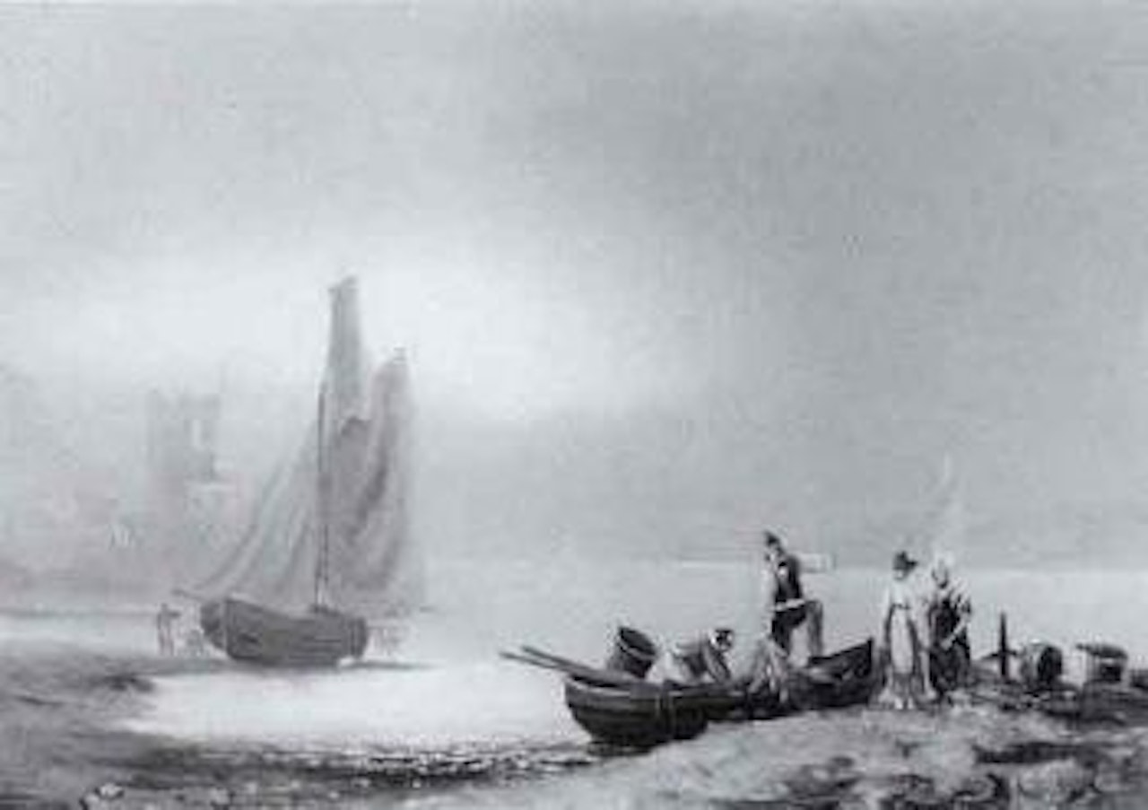 Shore scene with figures tending fishing boats by Thomas Luny