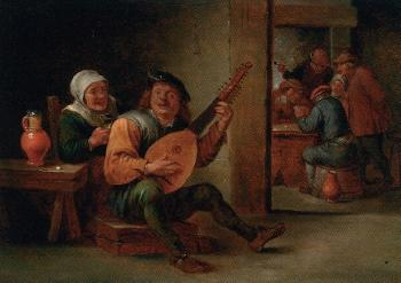 Boor playing a lute in an interior with a woman drinking by his side by David Teniers II