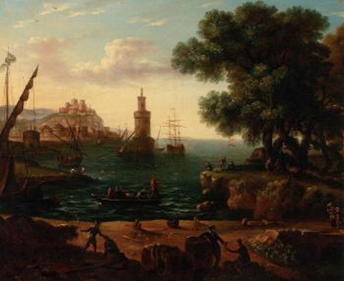Coastal inlet with moored shipping and stevedores on a bank by Claude Lorrain