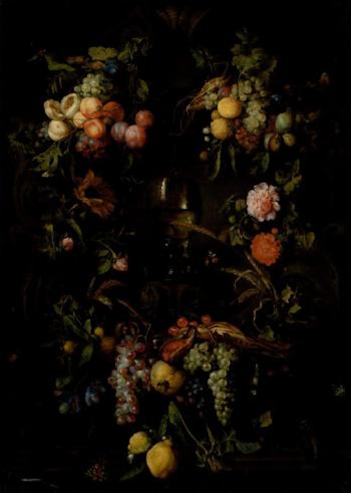 Swags of grapes, peaches, plums and lemons decorating a niche and wild life by Jan Davidsz de Heem