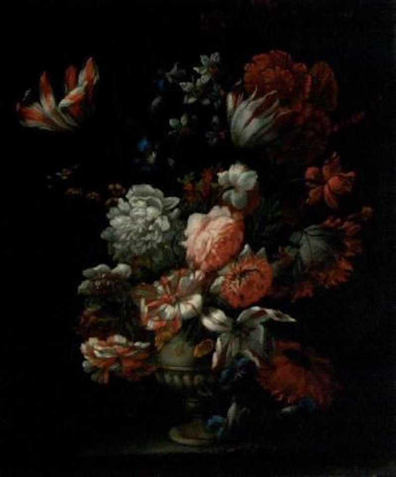 Carnations, tulips, narcissi, morning glory and other flowers on a ledge by Jean Baptiste Monnoyer
