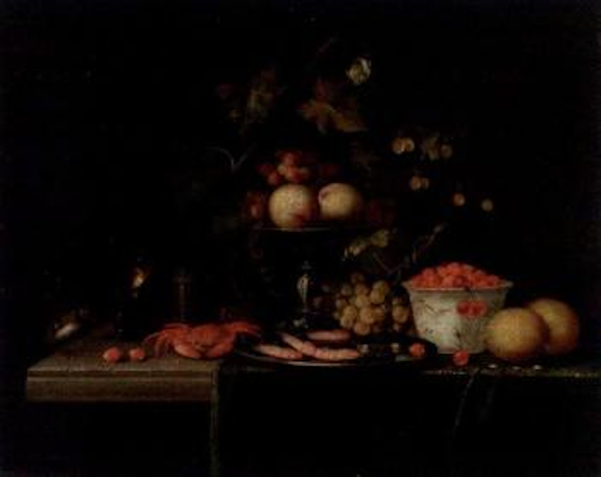 Grapes on a vine with gooseberries in a tazza, prawns in pewter dish by Cornelis de Heem
