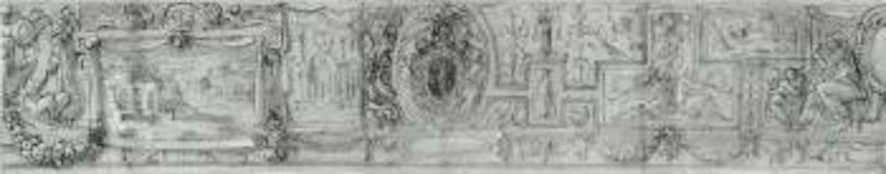 Design for a frieze with two grotesques and the Medici coat of arms by Francesco Salviati