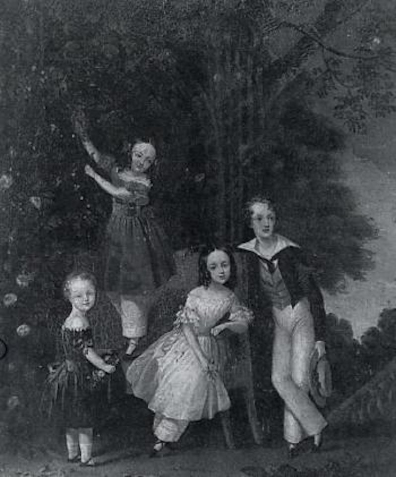 Family group portrait of four children in a garden by English School