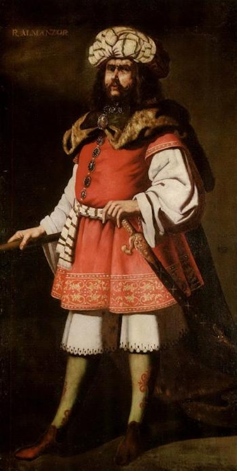 Portrait of King Almanzor wearing a red tunic and fur cape by Francisco de Zurbaran