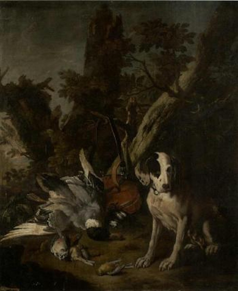 Pointer, mallard, woodpecker and other dead game by a hunting bag by Franz Werner von Tamm