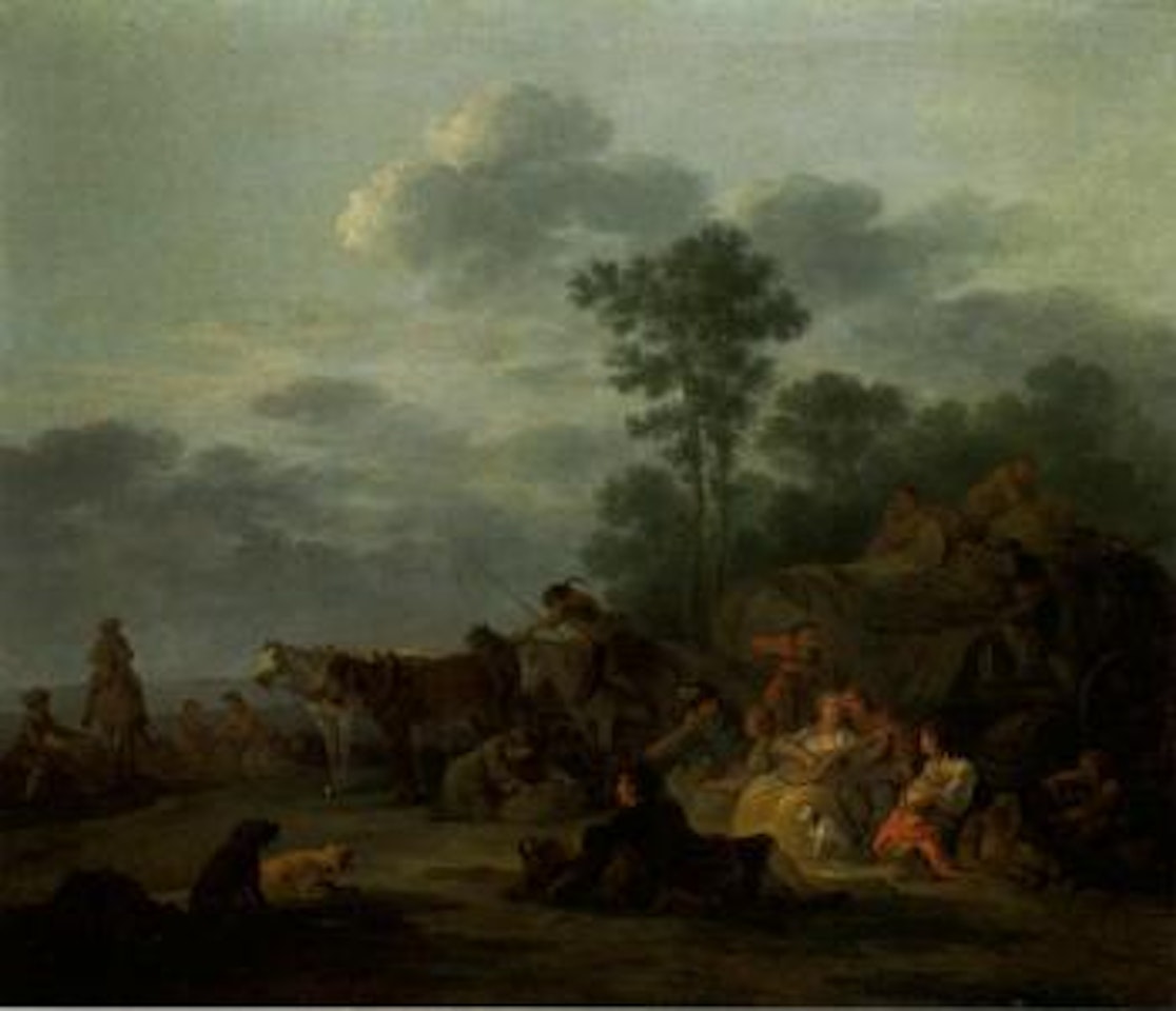 Travellers resting with a couple making music on a landscape by Francesco Giuseppe Casanova