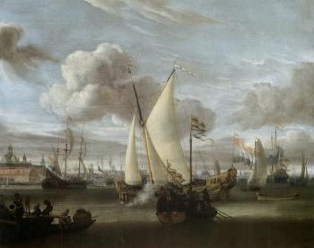 Shipping in the harbour of Amsterdam with Dutch East India Company yacht by Abraham Storck