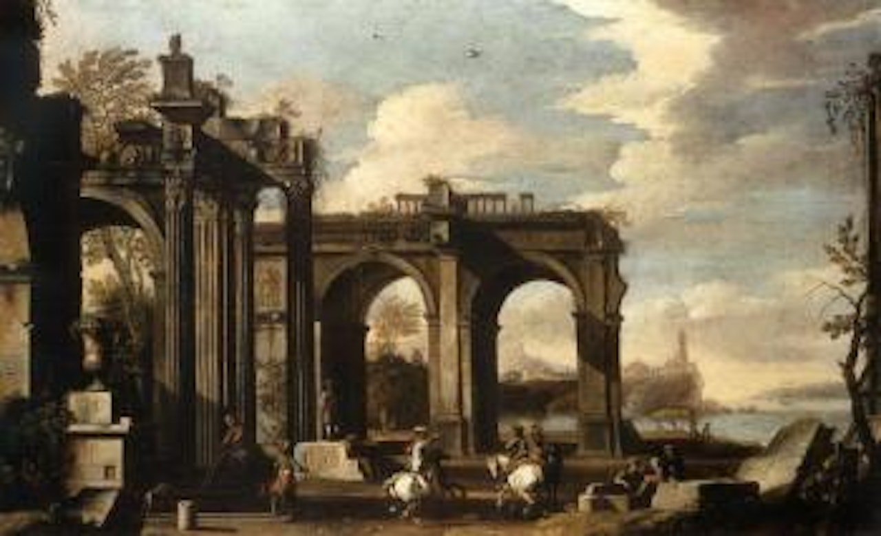 Capriccio of a Mediterranean port with bandits amongst ruins, statue of Hercules by Giovanni Ghisolfi