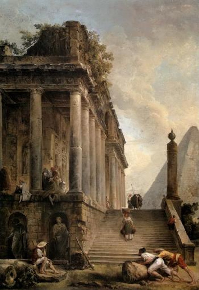 Capriccio of a ruined classical temple and a pyramid with a flight of steps by Hubert Robert
