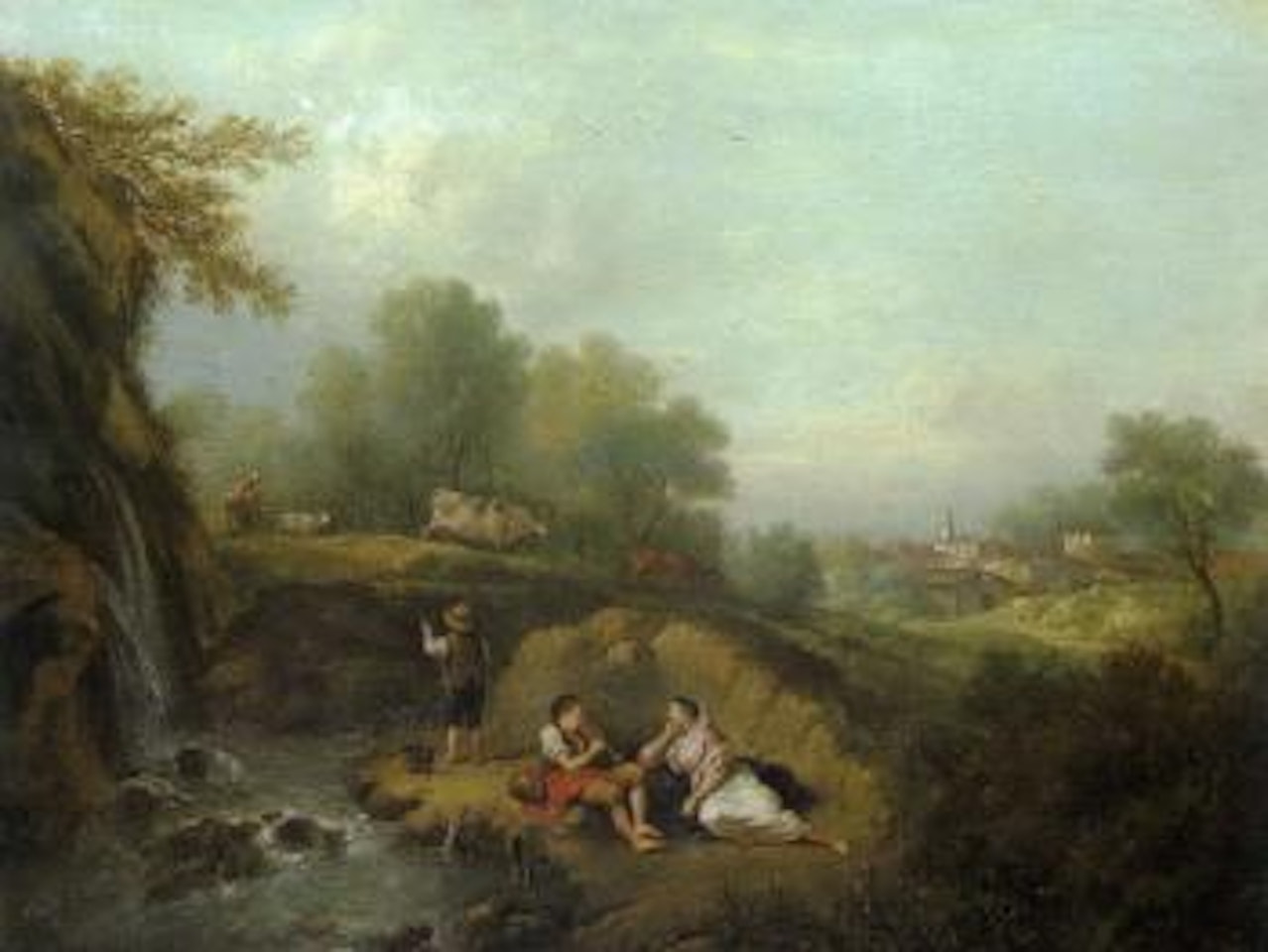 Landscape with a courting couple and a youth fishing. Wooded landscape with a woman and her family by Francesco Zuccarelli