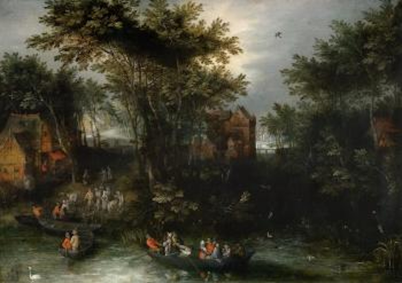 Wooded landscape with peasants crossing a river, a village beyond by Jan Brueghel the Younger