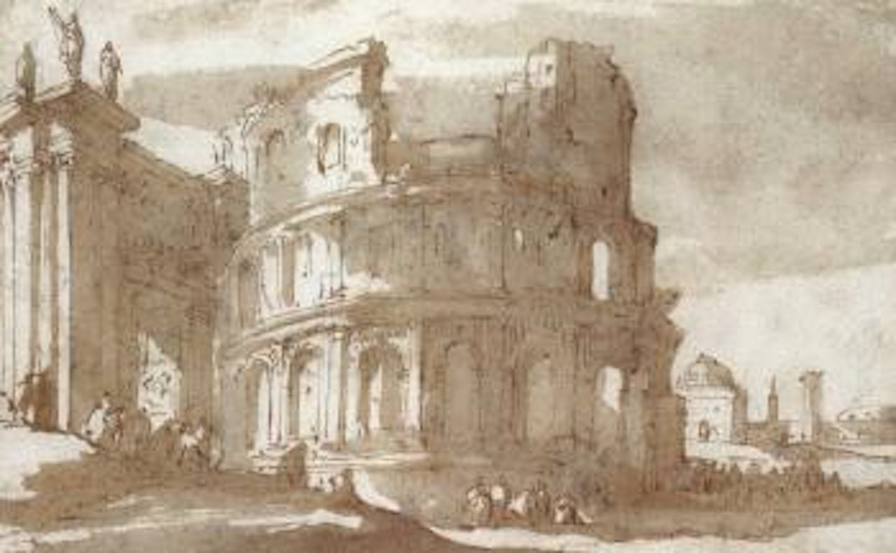 Figures by a ruined Roman building by Jan de Bisschop