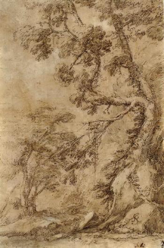 Figures lying by a tree below a cliff by Salvator Rosa