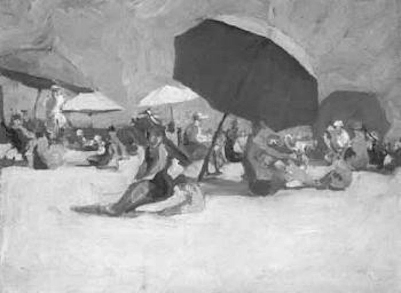 Beach scene with umbrellas by Jane Peterson