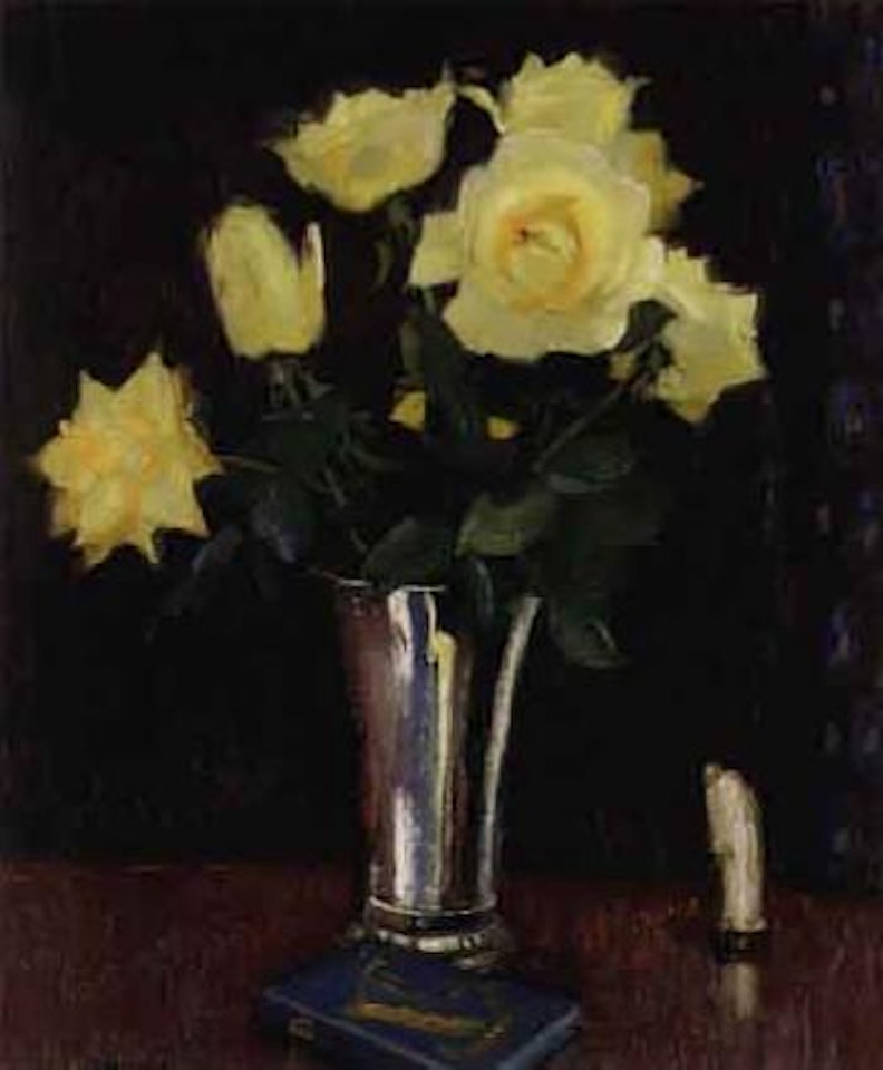Still life of yellow roses in silver vase by Olle Hjortzberg