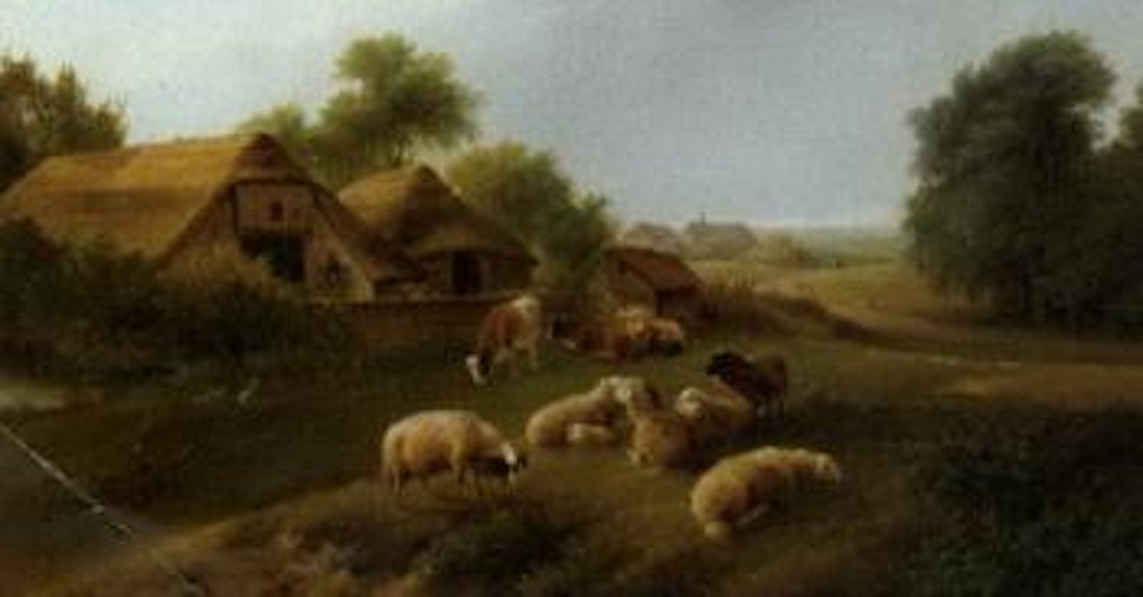 Summer landscape with live stock in a meadow by August Knip