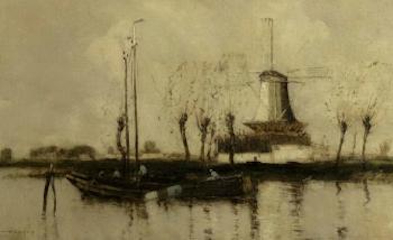 Moored barges in a waterway near a windmill by English School