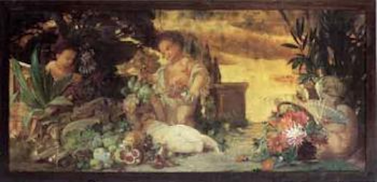 Cupids seated in park landscape with fruit and flowers by Hans Makart