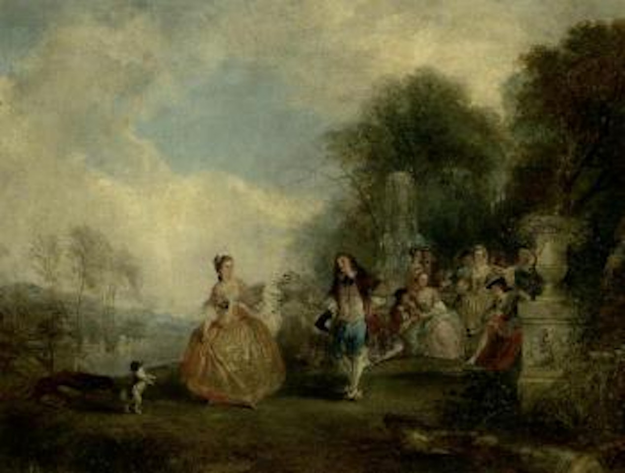 Rococo scene with couples dancing in park by French School