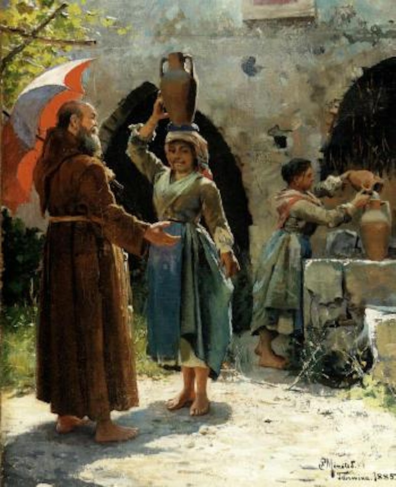 Monk greeting girl carrying water jug, Taormina by Peder Mork Monsted