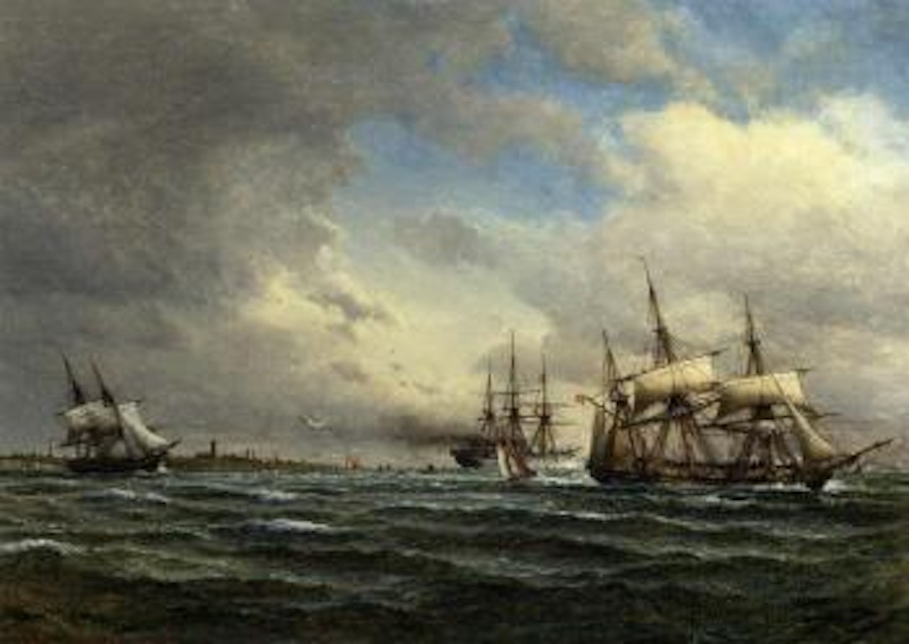 Three-masted sailing vessels off coast by Anton Melbye