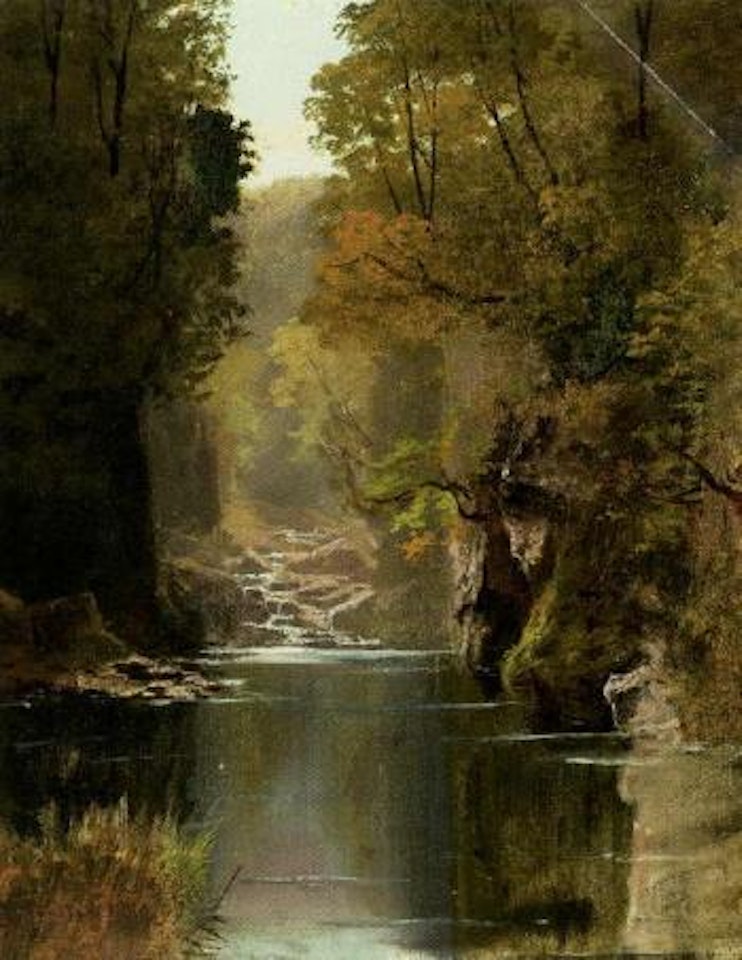 Wooded landscape with small waterfall and river by Peder Mork Monsted