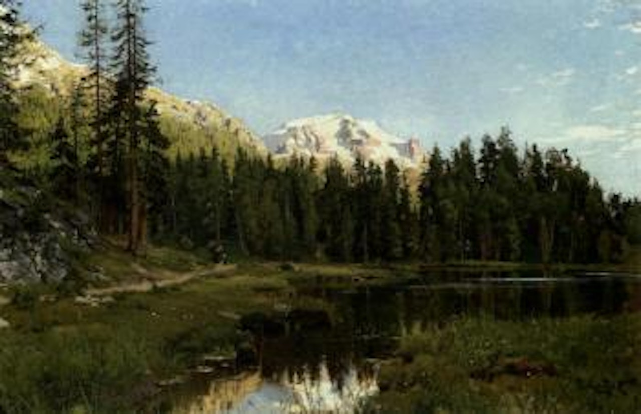 Swiss landscape with snowcovered mountains reflecting in lake by Peder Mork Monsted