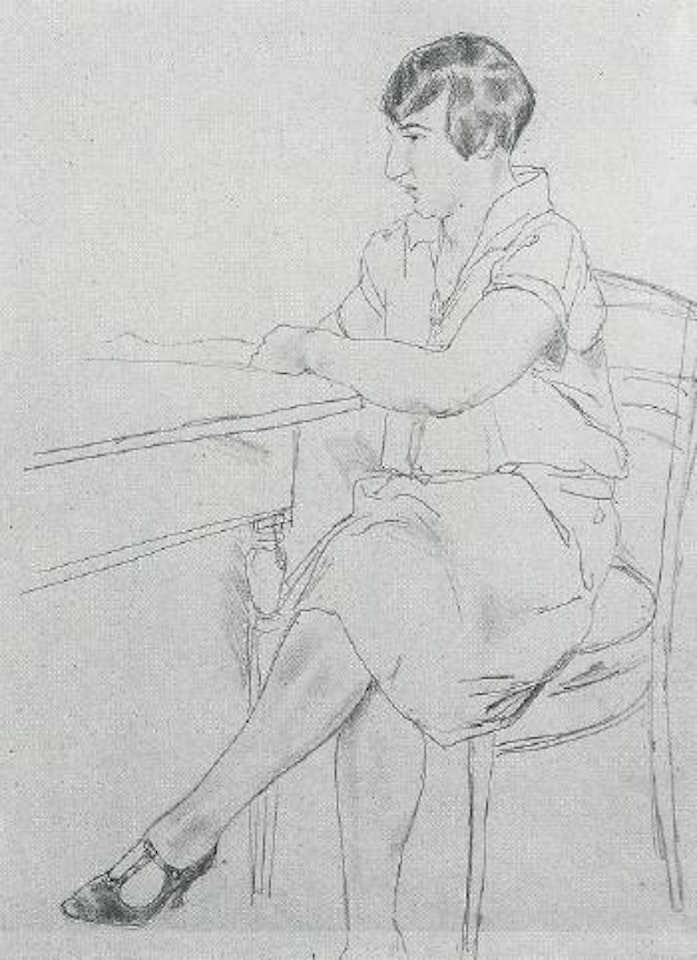 Young woman sitting at table by Rudolf Schlichter