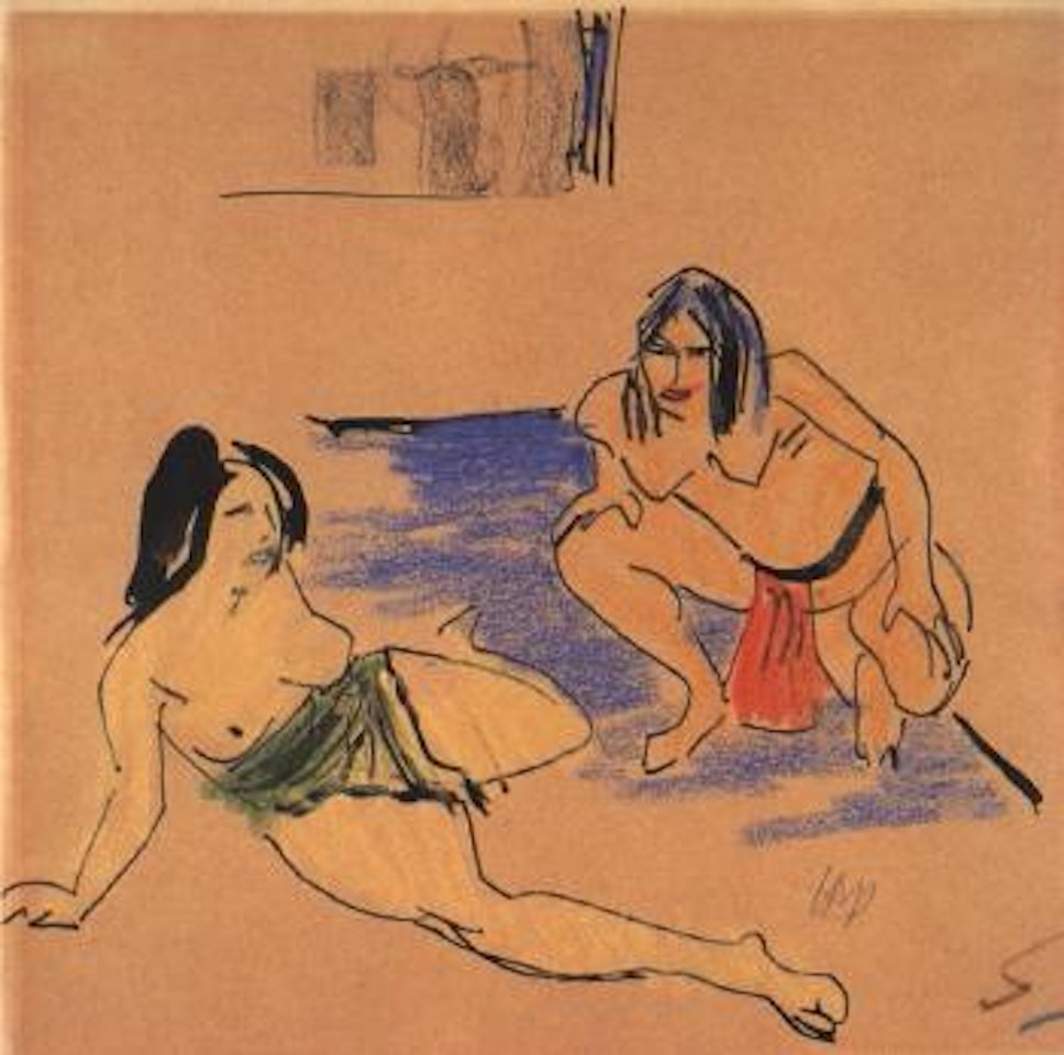 Two female nudes in room by Max Pechstein