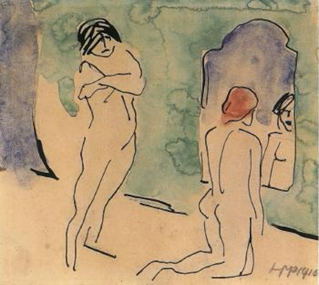 Interior with standing and kneeling nude by Max Pechstein