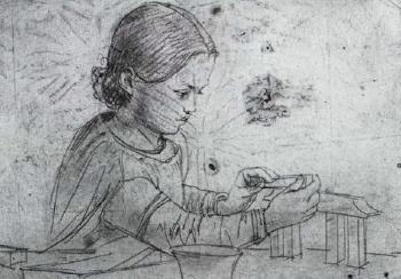 Small girl playing at table by Adolph Menzel