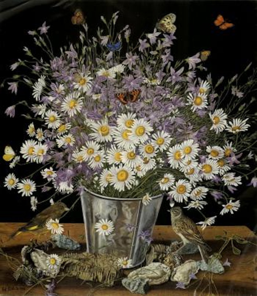 Flowers with birds and butterflies by Adolf Dietrich