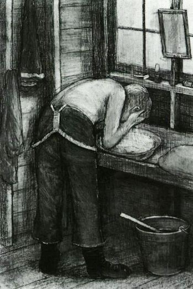 Washing up, old time bush life by William Kurelek