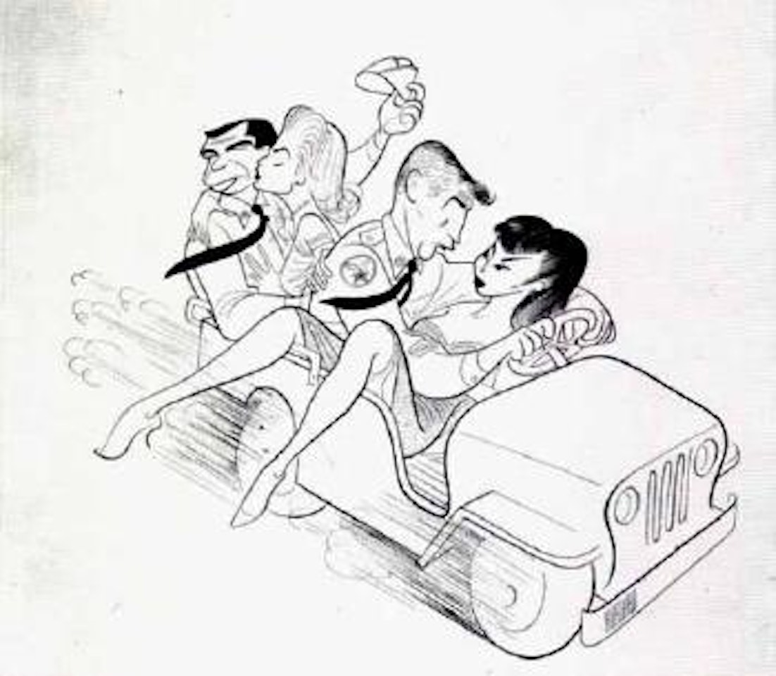 Two couples riding in speeding jeep by Al Hirschfeld