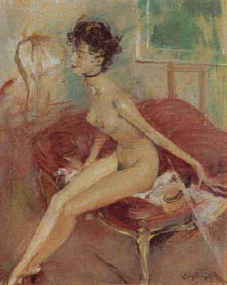 Nu sur le sofa rouge by Jean Gabriel Domergue