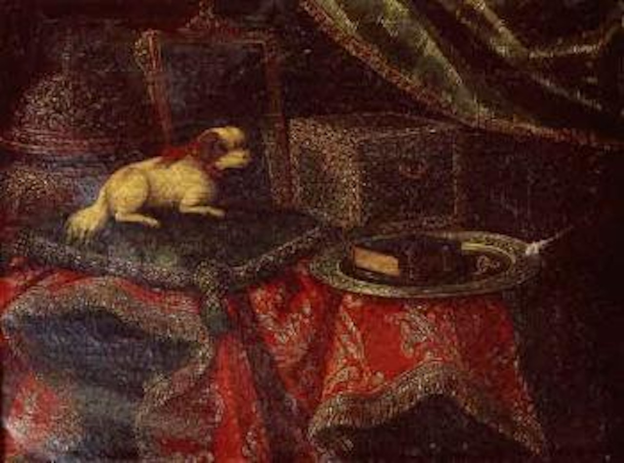 Chien sur coussin vert avec miroir et livre by Italian School