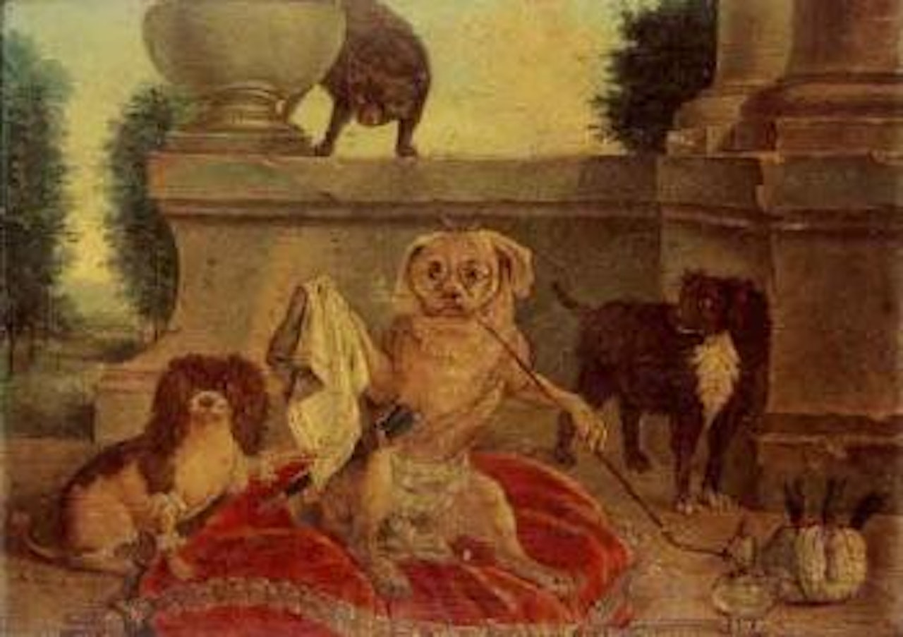 Chiens fumant le naguile guettes par un chat by English School