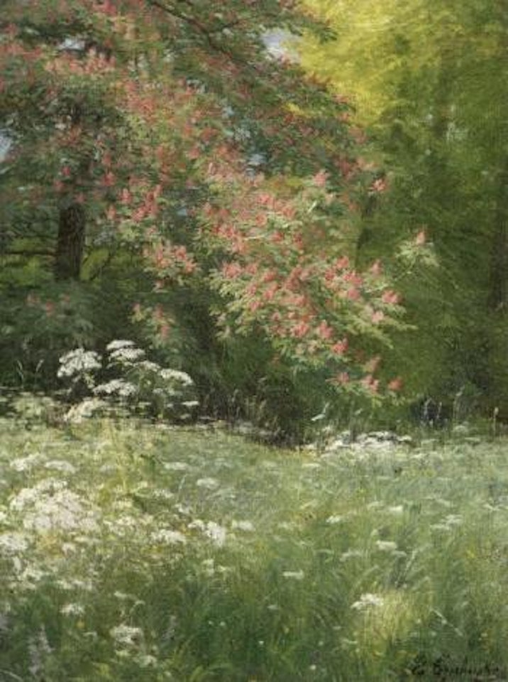 Blossoming summer meadow near forest by Russian School