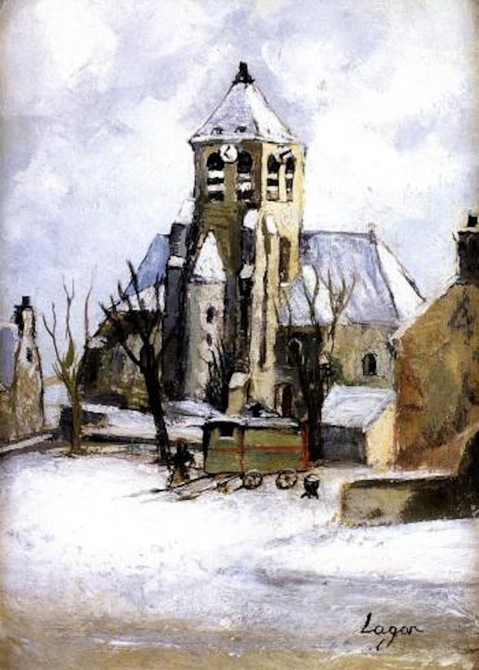 Village under snow with caravan by Celso Lagar
