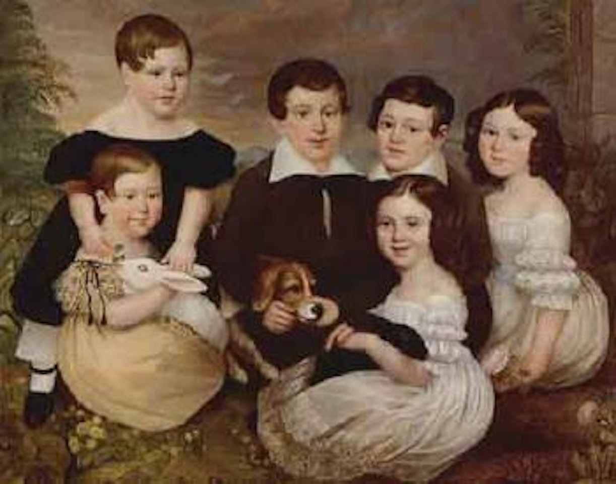 Portrait of family group of six children, dog and rabbits by English School