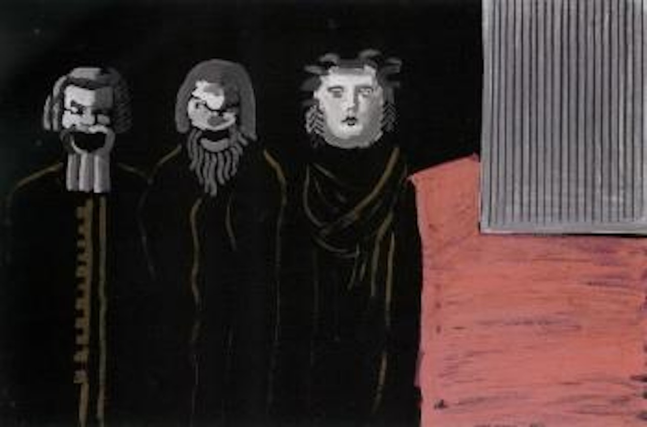 Three singers on stage by David Hockney