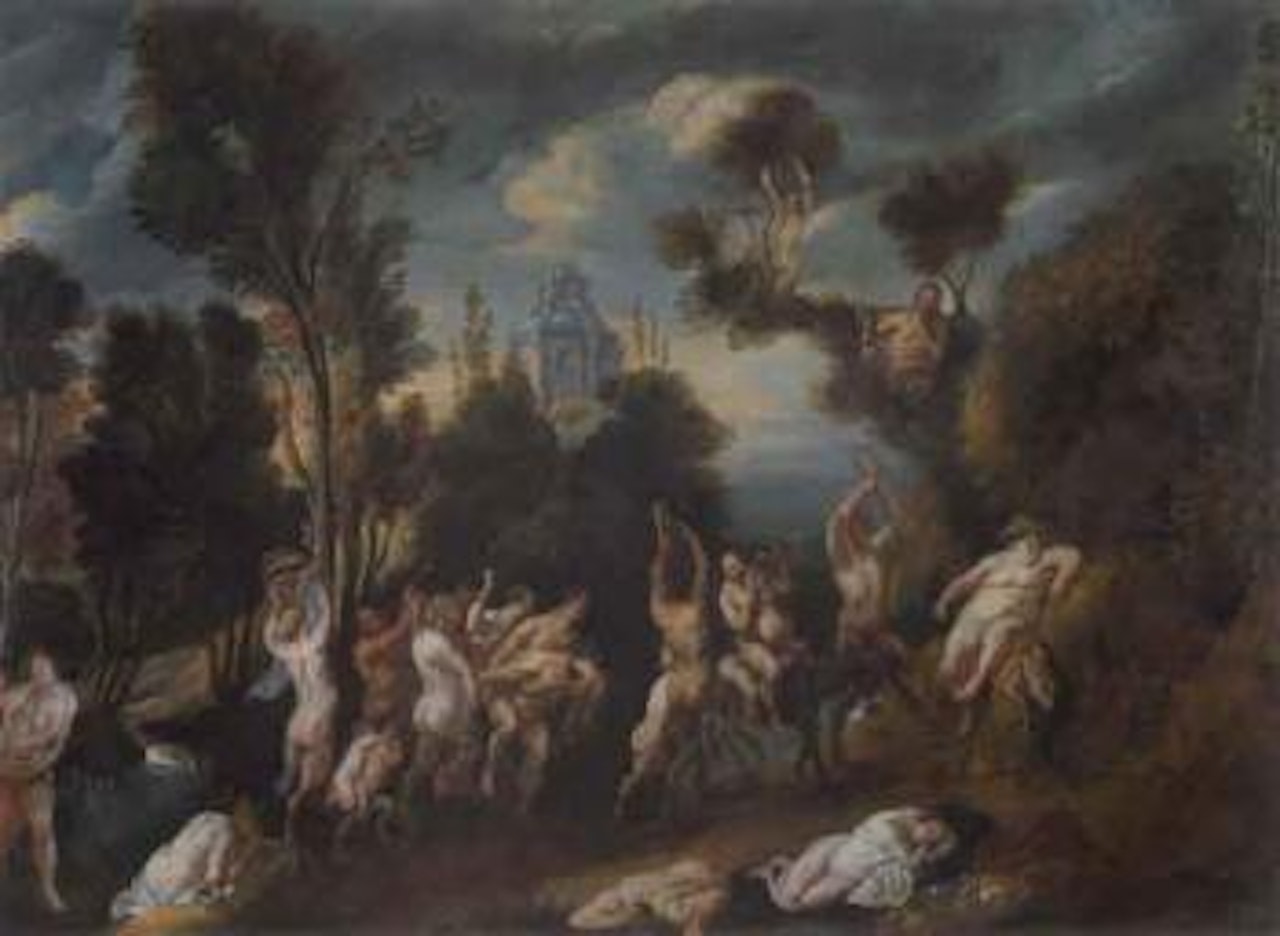 Wood landscape with figures dancing for Bacchus by Jacob Jordaens