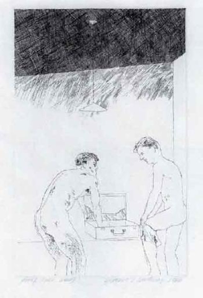 Two boys in front of a suitcase by David Hockney