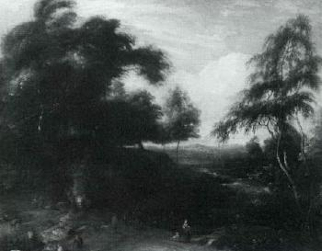 River landscape with trees and resting shepherds by Netherlandish School