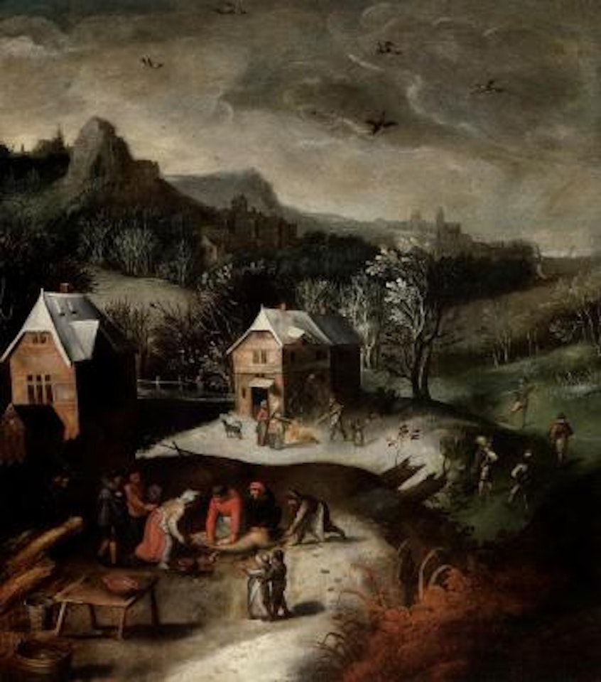 Winter landscape with farmer slaughtering pigs by Joos de Momper the Younger