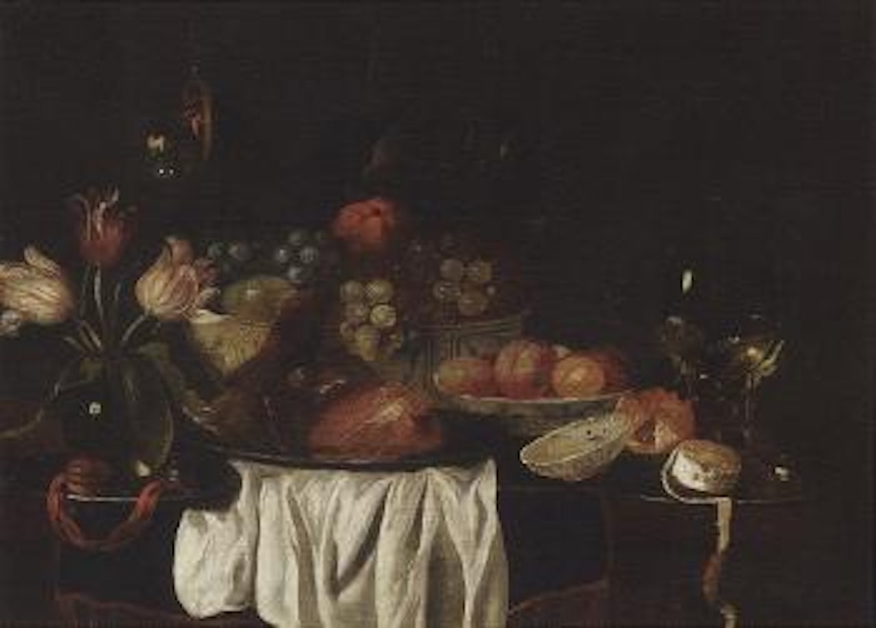 Still life with fruits, wineglass, flowers and parrot by Netherlandish School