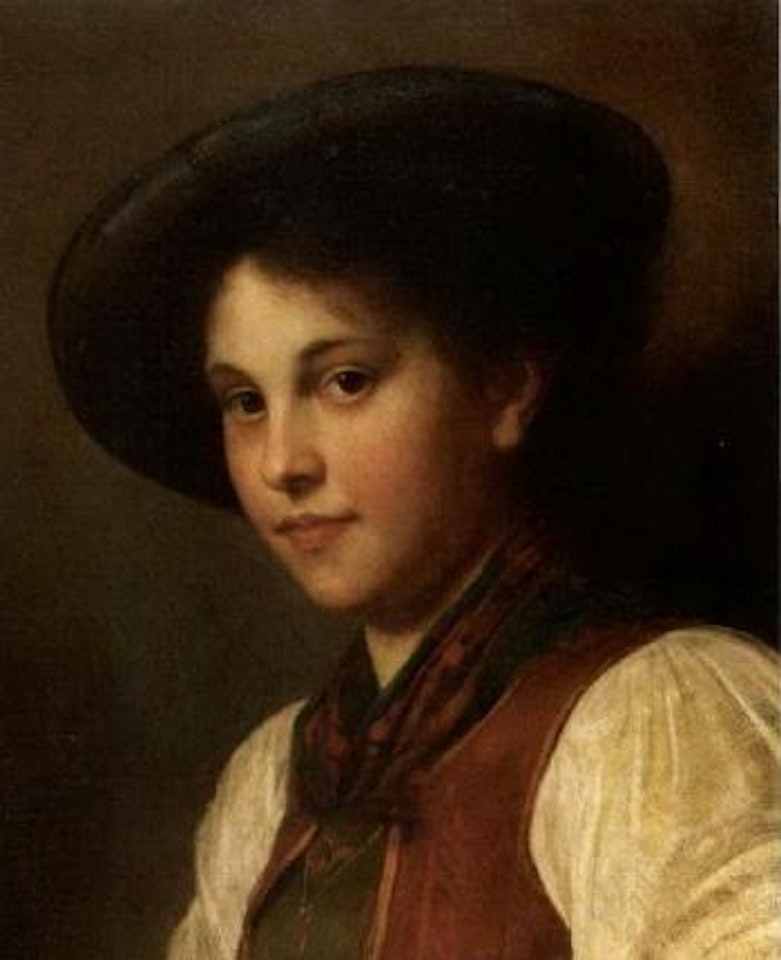 Woman, wearing red jacket and blue hat by Franz von Defregger