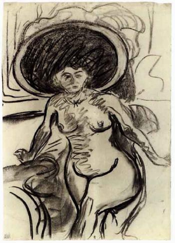 Female nude with big hat by Ernst Ludwig Kirchner