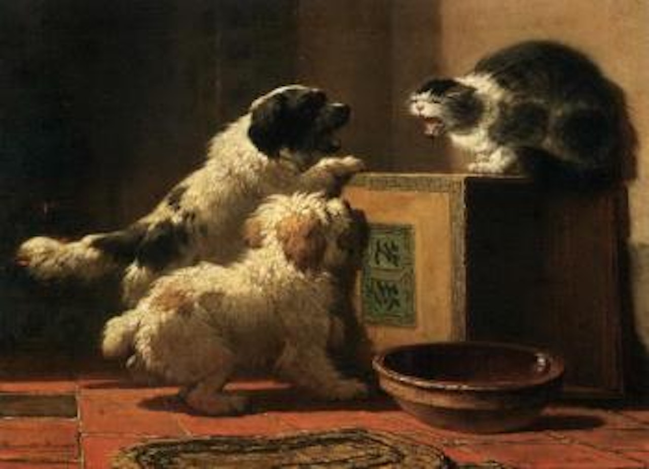 Two dogs and one cat in kitchen by Henriette Ronner-Knip